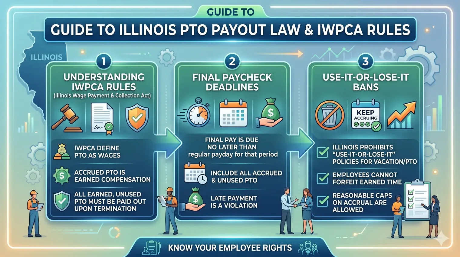 Illinois PTO payout law guide explaining the IWPCA rules, final pay deadlines, and use-it-or-lose-it bans.